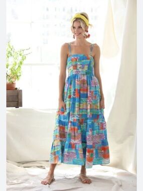 Patchwork Blue Maxi Sundress with Adjustable Straps